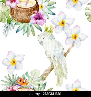 Tropische Aquarell nahtlose Muster mit Papagei und Blumen. Stockfoto