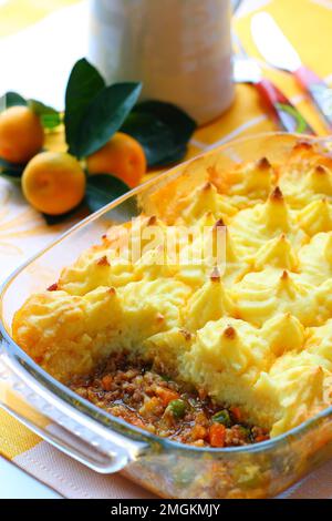 Hüttenkuchen mit Kartoffeln und Fleisch. Hausgemachtes leckeres Gratin in Backform zum Abendessen. Stockfoto