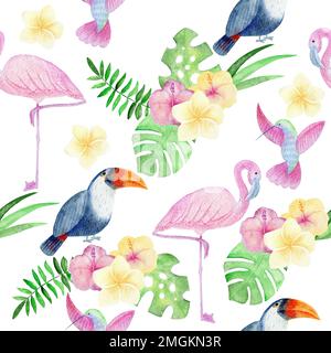 Tropische Aquarell nahtlose Muster mit Vögel und Blumen. Stockfoto