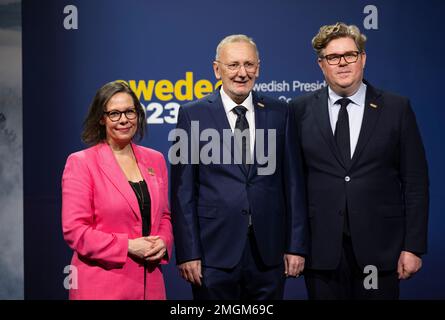 Stockholm, Schweden. 26. Januar 2023. Die schwedische Ministerin für Migration, Maria Malmer Stenergard, die kroatische Innenministerin, Bavor Bozinovic, und der schwedische Justizminister Gunnar Strömmer, haben am 26. Januar 2023 während des schwedischen EU-Ratsvorsitzes in Stockholm das erste informelle Ministertreffen getroffen. Auf der Tagesordnung stehen die Migrationspolitik der EU, die Bekämpfung der organisierten Kriminalität und Russlands Aggression gegen die Ukraine. Foto: Pontus Lundahl/TT/Code 10050 Kredit: TT News Agency/Alamy Live News Stockfoto