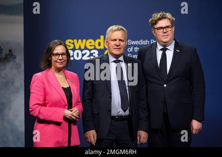 Stockholm, Schweden. 26. Januar 2023. Schwedische Ministerin für Migration, Maria Malmer Stenergard, isländische Justizministerin, Jon Gunnarsson, und Gunnar Strömmer, schwedischer Justizminister, anlässlich des ersten informellen Ministertreffens am 26. Januar 2023 während des schwedischen EU-Ratsvorsitzes in Stockholm. Auf der Tagesordnung stehen die Migrationspolitik der EU, die Bekämpfung der organisierten Kriminalität und Russlands Aggression gegen die Ukraine. Foto: Pontus Lundahl/TT/Code 10050 Kredit: TT News Agency/Alamy Live News Stockfoto