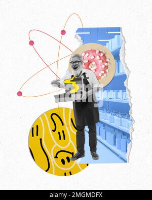 Emotionaler Verkäufer, Verkäufer und Ladenassistent in professioneller Uniform, steht in der Filialabteilung und präsentiert neue Waren. 3D Supermarkt. Modern Stockfoto