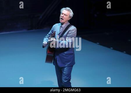 FILE - This Oct. 20, 2019 file photo shows David Byrne during the Broadway opening night curtain call of 'David Byrne's American Utopia' in New York. The former Talking Heads frontman is collaborating on a book adaptation with the author and illustrator Maira Kalman, who worked on the Broadway show. The book, also called “American Utopia,” will be published Sept. 8 by Bloomsbury. (Photo by Greg Allen/Invision/AP, File)