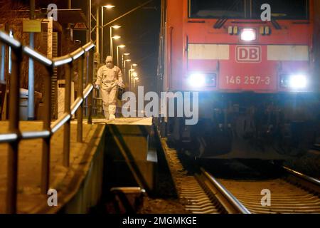 Mitarbeiter der Spurensicherung sind auf einem Bahnsteig bei dem Regionalzug im Bahnhof Brokstedt im Einsatz. Bei einer Messerattacke in einer Regiona Stockfoto