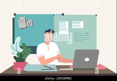 Glücklicher Büroangestellter. Geschäftsmann, der Ideen kreiert, während er smth auf dem Laptop tippt. Kreativer Mann. Flachvektordarstellung isoliert auf weißem Hintergrund Stockfoto