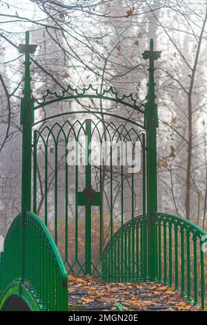 Metalltor auf der Brücke im Park im Herbst. Genießen Sie Ruhe und Frieden in der Natur. Stillleben-Fotografie. Stockfoto