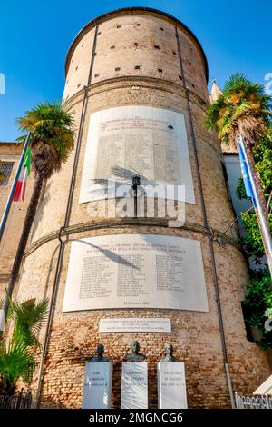 Kriegsdenkmal an der Außenseite der Kirche San Panfilo Entro le mura, Spoltore, Italien Stockfoto