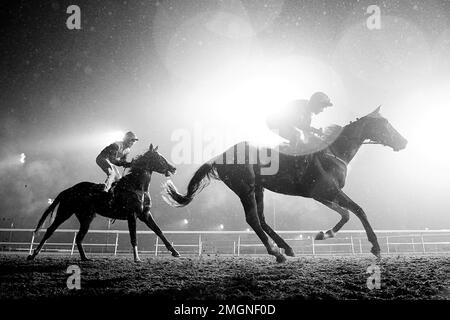 ***EDITOR HINWEIS: Dieses Bild wurde in Schwarzweiß umgewandelt.*** Eine allgemeine Ansicht während des Unibet Support Safe Gambling Handicap auf der Rennbahn Kempton Park, Surrey. Bilddatum: Mittwoch, 25. Januar 2023. Stockfoto