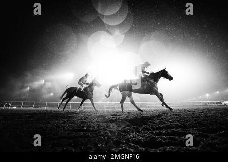 ***EDITOR HINWEIS: Dieses Bild wurde in Schwarzweiß umgewandelt.*** Eine allgemeine Ansicht während des Unibet Support Safe Gambling Handicap auf der Rennbahn Kempton Park, Surrey. Bilddatum: Mittwoch, 25. Januar 2023. Stockfoto