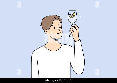 Lächelnder junger Mann mit einem Glas Wasser empfiehlt einen gesunden Lebensstil. Ein glücklicher Kerl hat Durst. Halten Sie sich Aqua mit Zitrone in den Händen, um sich zu trinken. Vektordarstellung. Stock Vektor