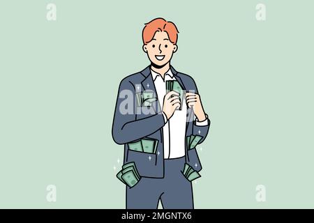 Ein reicher Geschäftsmann mit Geld in allen Taschen zeigt Erfolg. Lächelnder männlicher Angestellter mit Banknoten im Anzug fühlt sich erfolgreich und reich an. Vektordarstellung. Stock Vektor