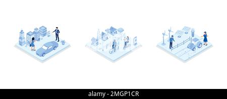 Elektroauto im modernen Stadtzentrum, E-Scooter mit Charakterantrieb und intelligenter Öko-Bauernhof mit Windmühlen und Solarpaneelen. Nachhaltiges Zukunftskonzept, Set IS Stock Vektor