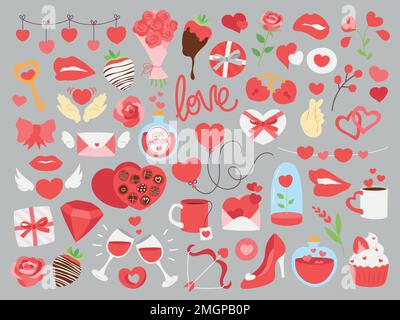 Sammlung von süßen, einfachen Artikeln und Gegenständen zum Valentinstag. Farbenfrohe Vektorabbildungen. Stock Vektor