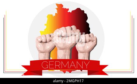 Deutscher Nationalfeiertag, Fäuste vor dem Hintergrund der Landkarte erhoben Stockfoto