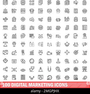 100 Symbole für digitales Marketing. Gliederungsdarstellung von 100 Symbolen für digitales Marketing, Vektorsatz isoliert auf weißem Hintergrund Stock Vektor