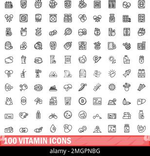 Set mit 100 Vitaminsymbolen. Skizzieren Sie die Darstellung von 100 Vitaminsymbolen, die auf weißem Hintergrund isoliert sind Stock Vektor