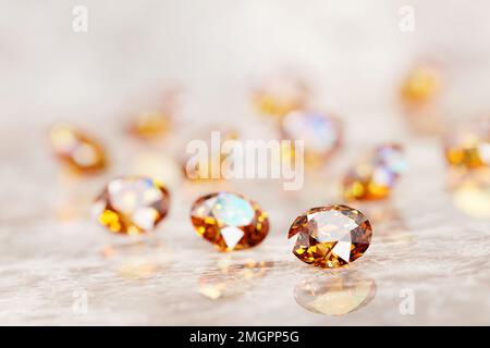 Runder Diamant-Topaz-Edelstein auf glänzendem Hintergrund mit weichem Fokus 3D-Rendering Stockfoto