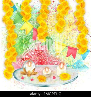 Handgezeichnete Aquarell-Holi-Komposition mit farbenfrohem Hintergrund und Mandala und Kerzen. Ein Teil der großen Holi-Illustrationen Stockfoto
