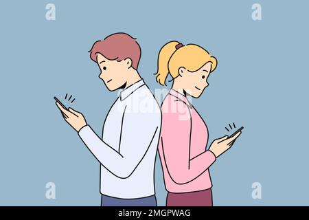 Ein Paar, das sich hintereinander hinstellt und online SMS auf Handys schreibt. Mann und Frau meiden einander, wenn sie Smartphones benutzen und im Internet betrügen. Vektordarstellung. Stock Vektor