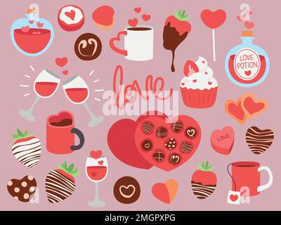 Sammlung von süßen einfachen Speisen, Süßigkeiten und Getränken zum Valentinstag. Farbenfrohe Vektorabbildungen. Stock Vektor
