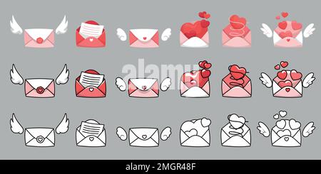 Sammlung von süßen einfachen Umschlägen und Briefen zum Valentinstag. Farbenfrohe Schwarzweiß-Vektorabbildungen. Stock Vektor