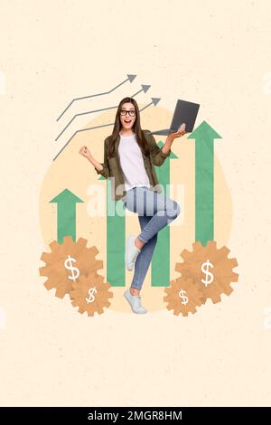 Vertikale Collage Foto Minimalvorlage erfolgreicher Investorenbörse einfache Gewinnerstatistik Gewinnsteigerung isoliert auf beigefarbenem Hintergrund Stockfoto
