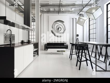 Eine 3D gerenderte Illustration eines offenen Innenraums mit Küche, Esszimmer und Wohnzimmer in Schwarz-Weiß-Farbtönen Stockfoto