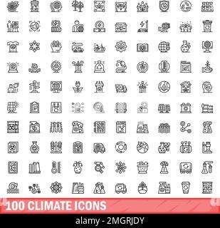 100 Klimasymbole eingestellt. Umrissdarstellung von 100 Klimasymbolen, Vektorsatz isoliert auf weißem Hintergrund Stock Vektor