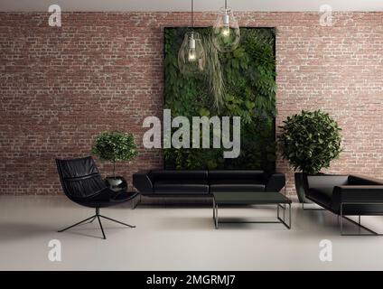 Eine 3D gerenderte Illustration eines minimalistischen, modernen Innenraums mit vertikalem Garten an der Ziegelwand Stockfoto