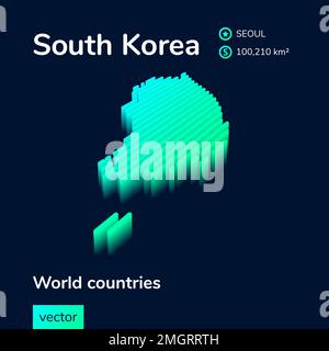Südkorea 3D Karte. Stilisierte Neon-Karte mit einfachen digitalen isometrischen Streifen in Türkis- und Mintfarben Stock Vektor