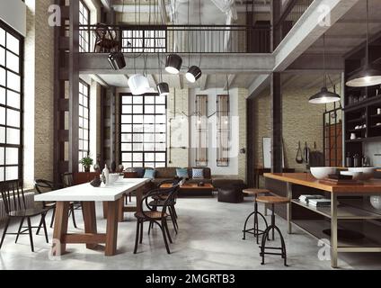 ein 3D erstelltes Bild einer modernen Loft-Inneneinrichtung, das als offen gestaltetes modernes Apartment mit Küche, Esszimmer, Wohnzimmer und Schlafzimmer gestaltet ist Stockfoto