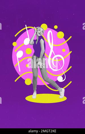 Kreatives Foto 3D Collage Kunstwerke Poster Postkarte der fröhlichen hübschen Dame Genießen Sie Feiertagsveranstaltung isoliert im Malhintergrund Stockfoto