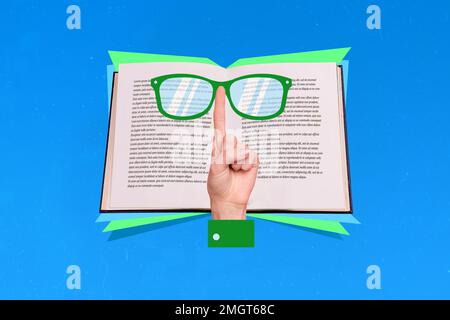 Exklusives Magazin Picture Sketch Collage Bild einer Armbrille mit einem Buch-isolierten Malhintergrund Stockfoto