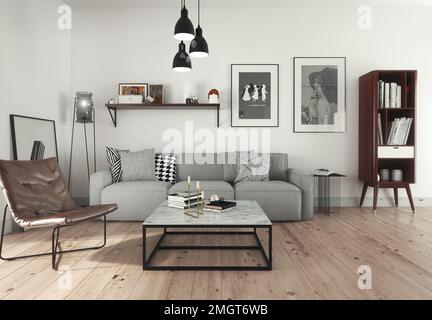 Ein 3D erstelltes Bild eines offenen, modernen Apartments im skandinavischen Stil Stockfoto