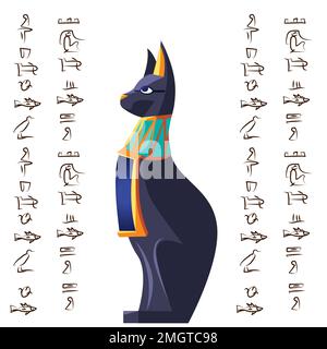 Alte ägyptische Göttin Katzenvektor-Zeichentrickfilm-Illustration. Ägyptisches Kultursymbol, schwarze Statue der Göttin Bastet, heiliges Tier isoliert auf weißem Hintergrund mit Hieroglyphen-Zeichen Stock Vektor