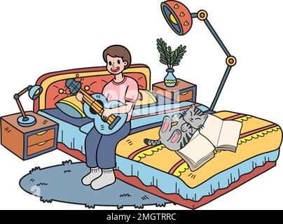 Handgezeichnet der Besitzer spielt Gitarre mit der Katze im Schlafzimmer Illustration im Doodle-Stil isoliert im Hintergrund Stock Vektor