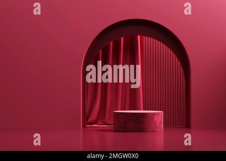 Abstrakte Stille Eleganz roter Samt Podium Plattform Produktpräsentation mit Vorhang 3D-Rendering Stockfoto