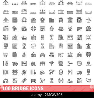 100 Bridge-Symbole eingestellt. Umrissdarstellung von 100-Bridge-Symbolen, Vektorsatz isoliert auf weißem Hintergrund Stock Vektor