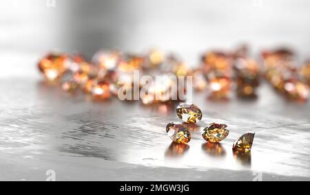 Runder Diamant-Topaz-Edelstein auf glänzendem Hintergrund mit weichem Fokus 3D-Rendering Stockfoto