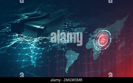 Abstrakte Darstellung der virtuellen Realität in gemischten Medien. VR-Brille in Low Poly Network mit Weltkarte und rotem Bereich vorne. World Wide Web Search conce Stockfoto