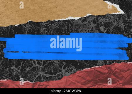 Abstrakte surreale Collage für Kreativität. Stücke von farbigem Papierriss im Materialdesign. Leuchtend blauer Pinselstrich Platzieren Sie den Text für Ihren Text. Stockfoto