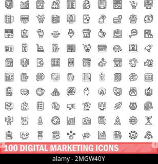 100 Symbole für digitales Marketing. Gliederungsdarstellung von 100 Symbolen für digitales Marketing, Vektorsatz isoliert auf weißem Hintergrund Stock Vektor