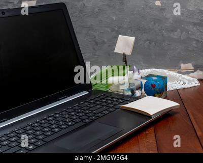 Aufbau eines Laptops mit Papiernotizbuch, Blumen und einem kleinen Globus Stockfoto