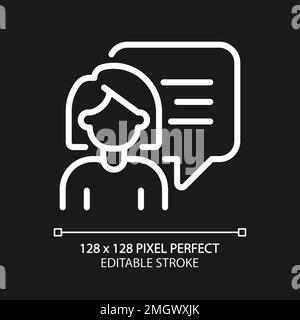 Sprechende Frau mit Sprechblase Pixel perfektes weißes lineares Symbol für dunkles Thema Stock Vektor