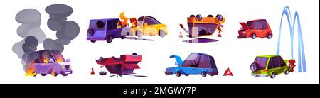 Autounfälle, Verkehrsunfälle auf der Straße. Fahrzeuge kollidieren, zerbrochen und umgeworfen auf Dachwagen, Auto beschädigt mit Feuer und Rauch, Vektorgrafik isoliert auf weißem Hintergrund Stock Vektor