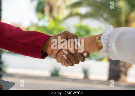 Nahaufnahme des Händedrucks zwischen einer Afrikanerin und einer kaukasischen Geschäftsfrau. Deal- und Integrationskonzept Stockfoto