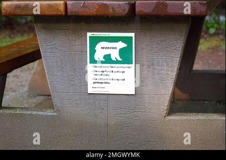 Ein Warnschild auf einem Picknicktisch in einem regionalen Park im Pazifischen Nordwesten, damit die Bären nie gefüttert werden. Maple Ridge, British Columbia, Kanada. Stockfoto