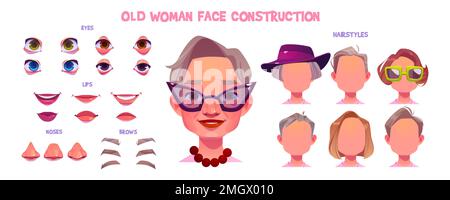Alte Frau Gesichts-Konstruktionsset. Großmutter Avatargenerator mit verschiedenen Haarstilen, Augen, Nasen, Ausdruck von Augenbrauen und Lippen, Vektorcartoon-Set isoliert auf weißem Hintergrund Stock Vektor