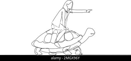 Zeichnung einer Geschäftsfrau, die eine Schildkröte reitet, die langsam geht Konzept der Geschäftsentwicklung Stock Vektor