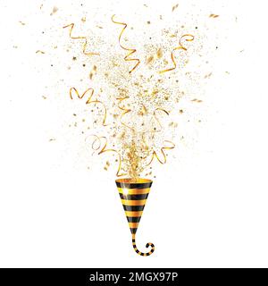 Explosion eines stilisierten Tigerfarbenen Party-Poppers mit goldenem Konfetti Stock Vektor